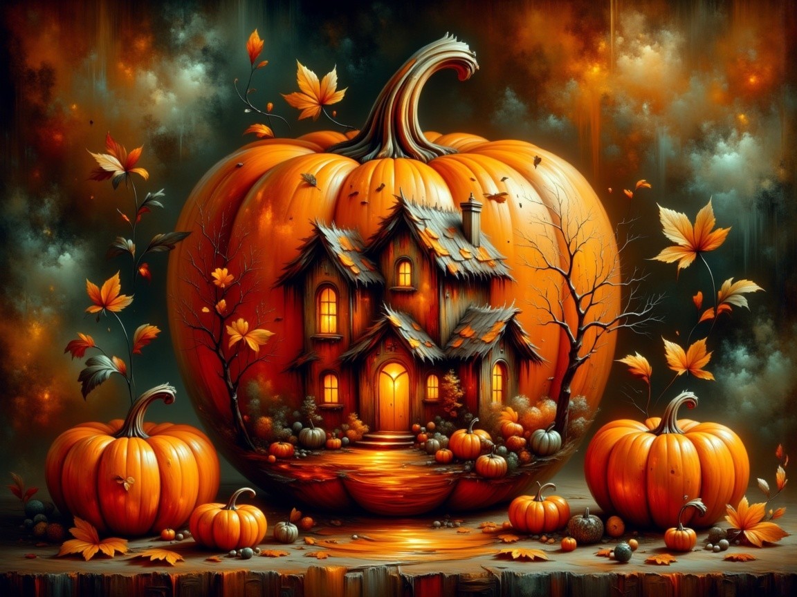 Carved Pumpkin House Surrounded by Autumn Leaves