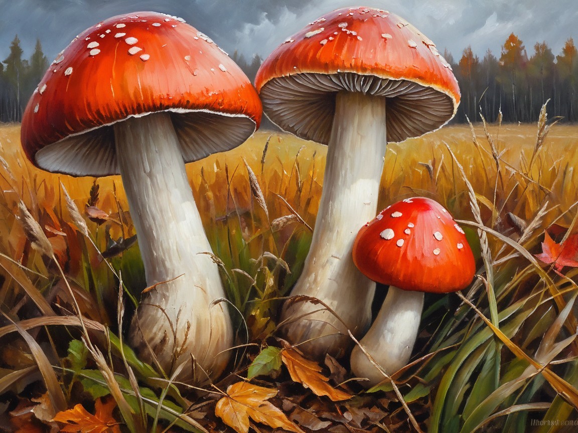Vibrant Red Mushrooms in Serene Natural Landscape