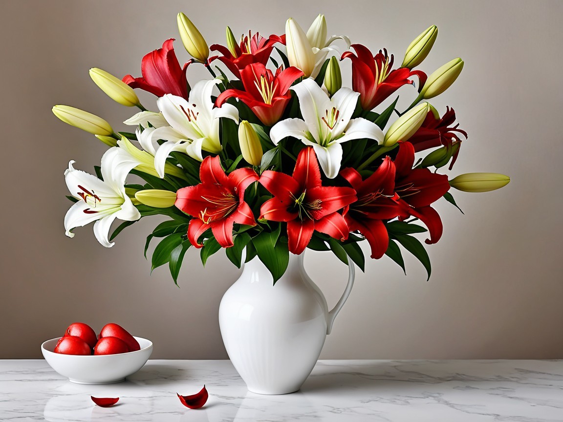 Vibrant Red and White Lilies in White Vase with Apples