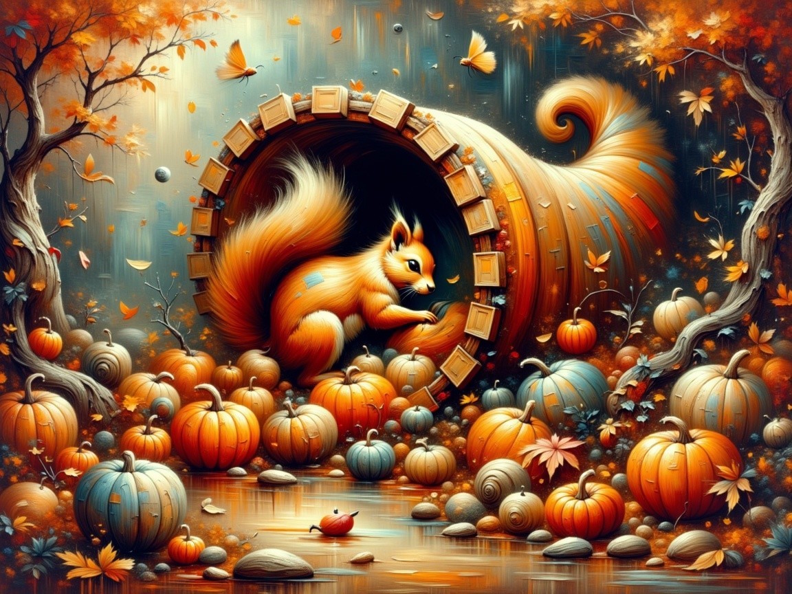 Whimsical Autumn Scene with Squirrel and Pumpkins