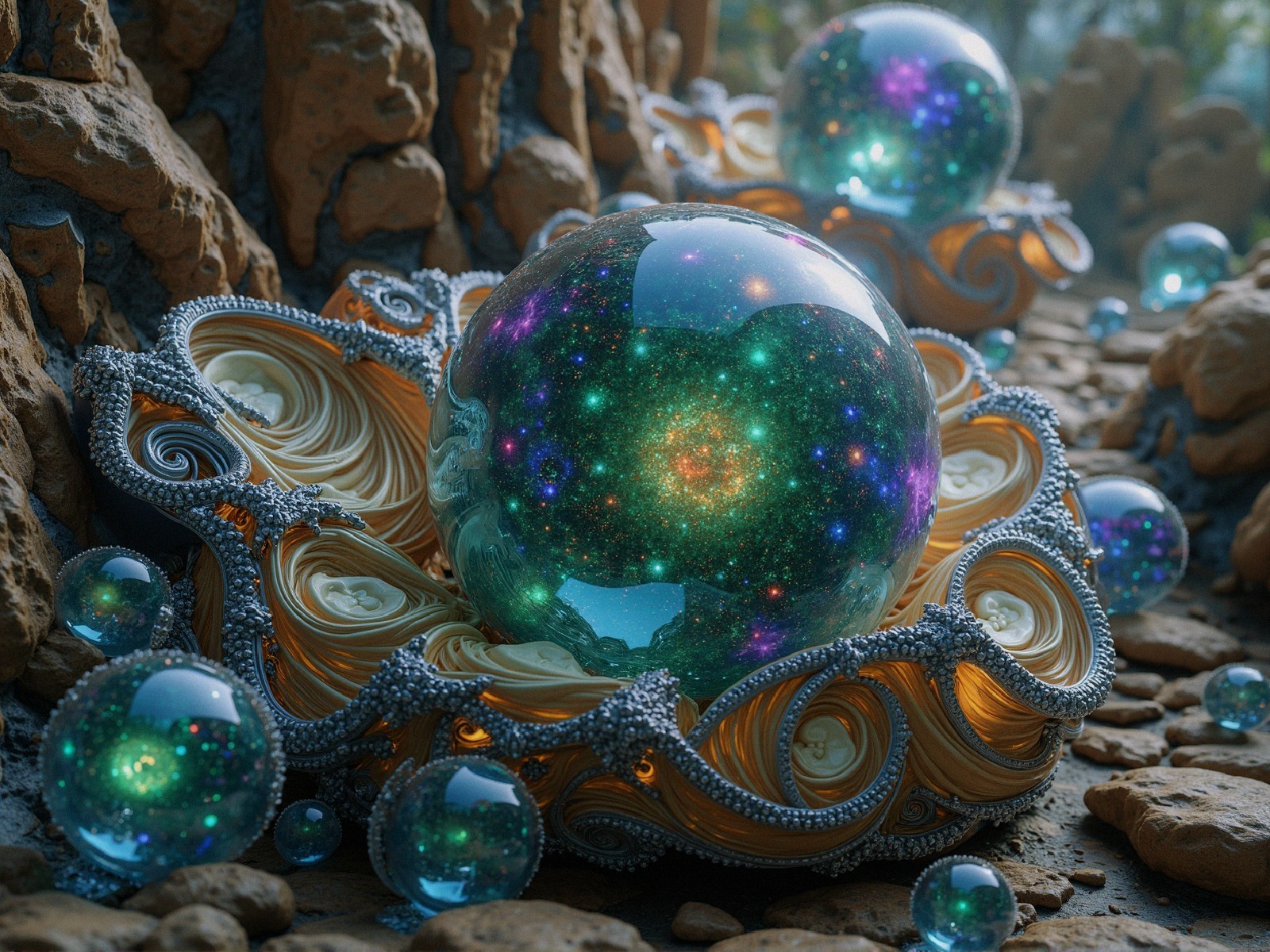 Intricate Orbs Among Textured Rocky Formations
