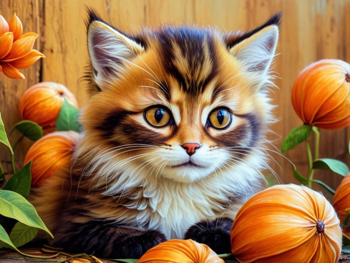 Fluffy Kitten Surrounded by Autumn Pumpkins and Leaves