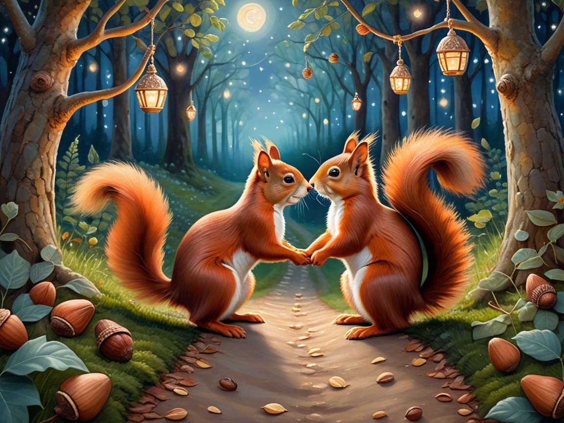 Whimsical Woodland Scene with Squirrels and Lanterns