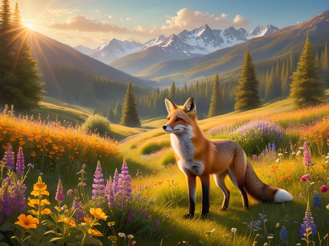 Majestic fox in vibrant meadow with wildflowers