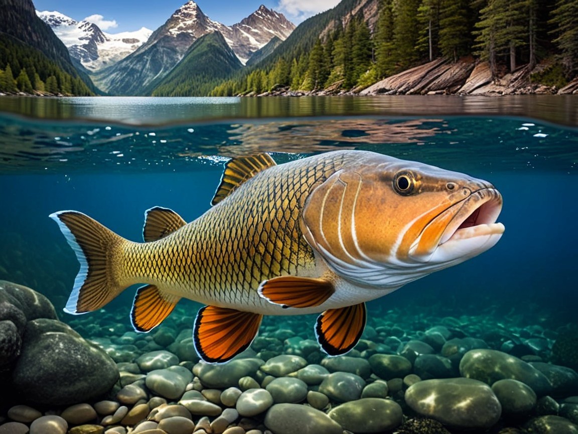 Large fish swimming in a tranquil lake with mountains