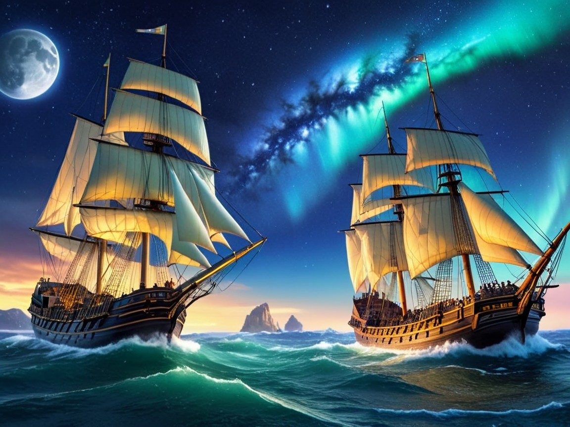 Sailing Ships in Vibrant Waters Under Starlit Sky