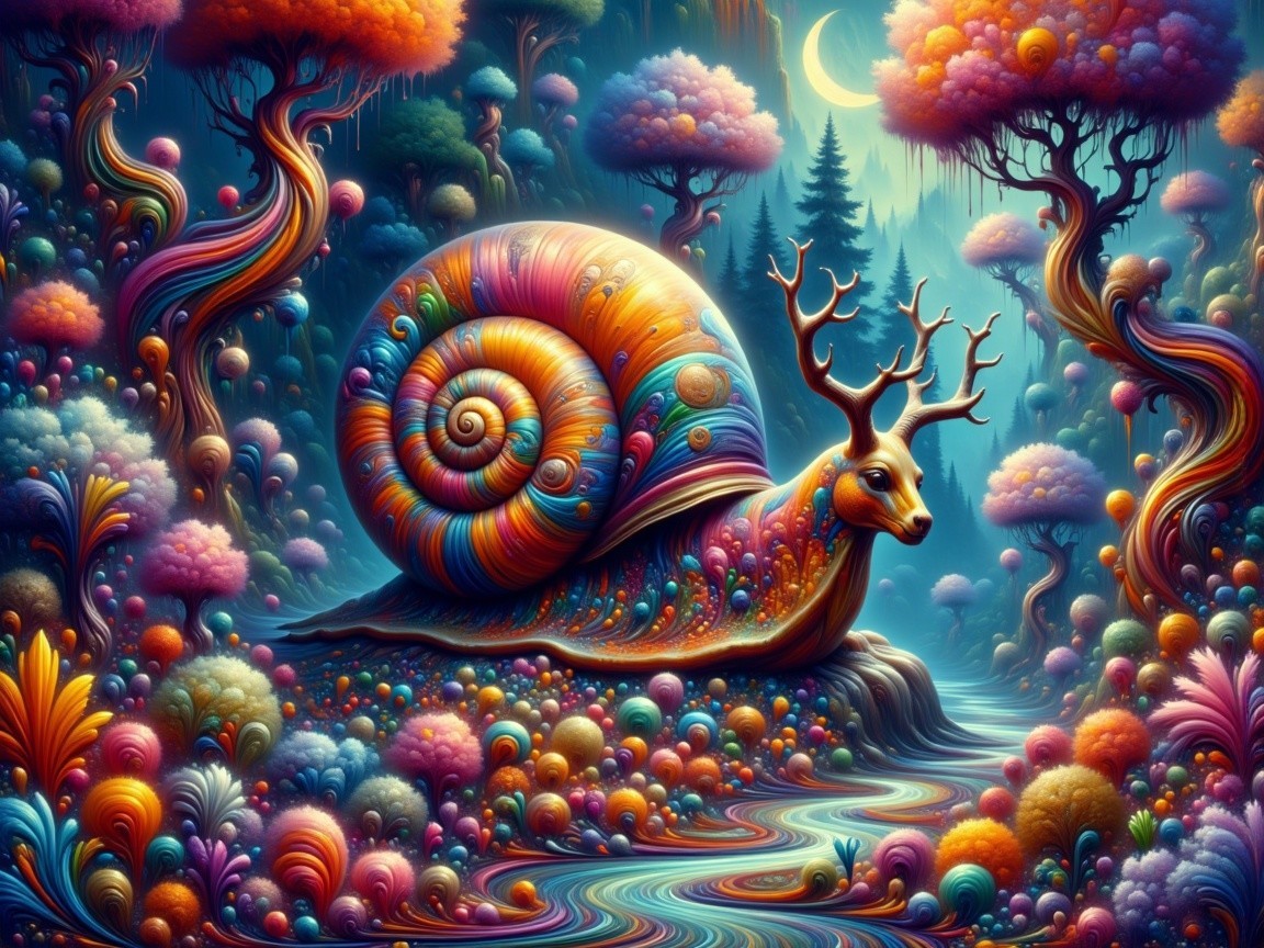 Whimsical Landscape with Colorful Snail and Trees