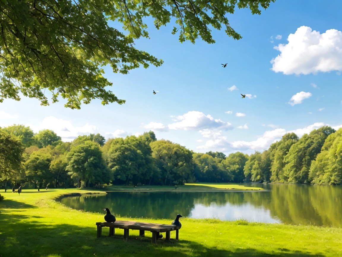 Serene Lakeside Scene with Lush Greenery and Birds