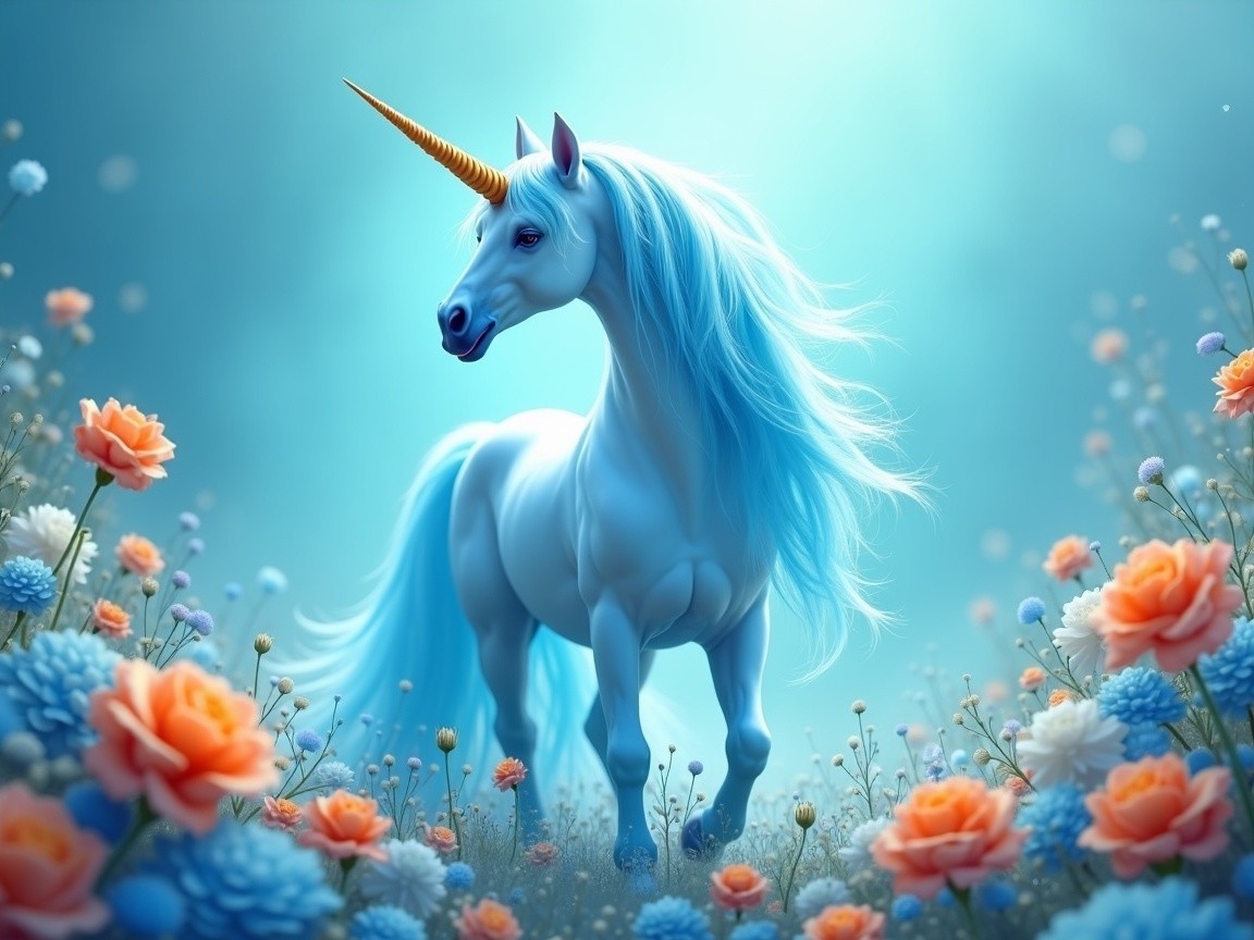 Majestic Blue Unicorn in a Colorful Flower Field