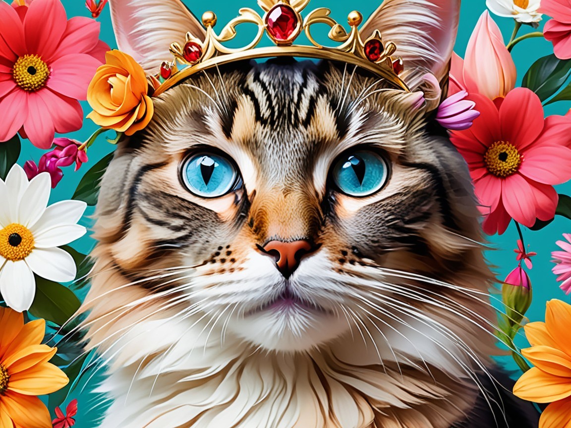 Regal Cat with Blue Eyes and Golden Crown in Flowers