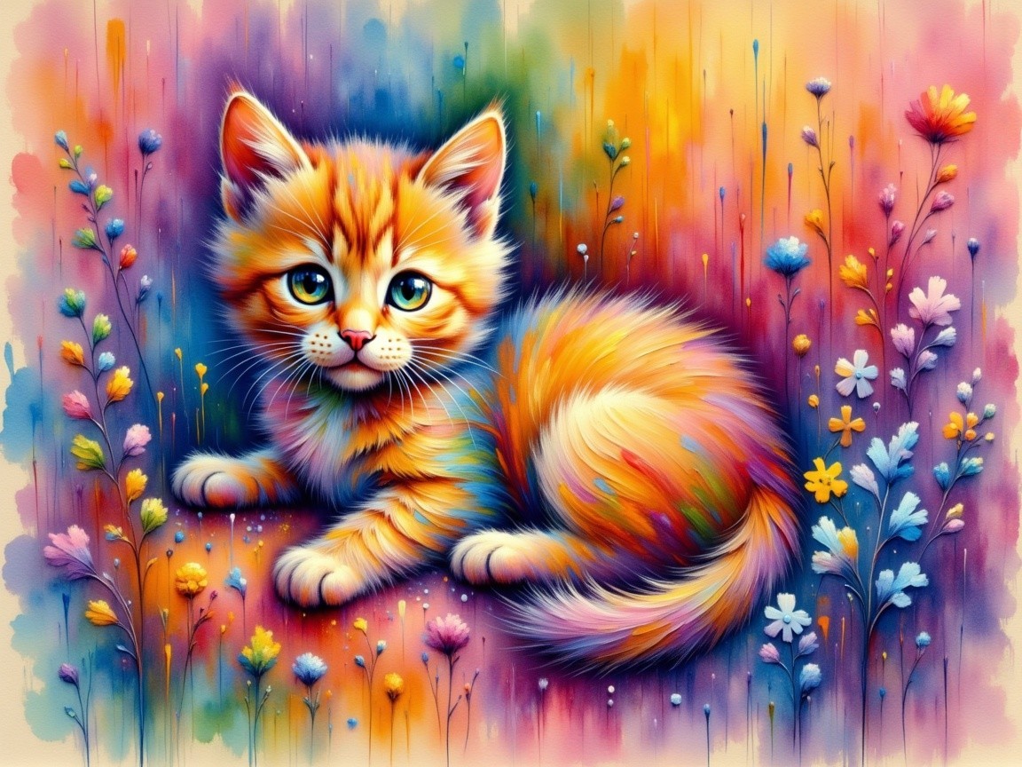Colorful Illustration of an Orange Tabby Kitten Among Flowers