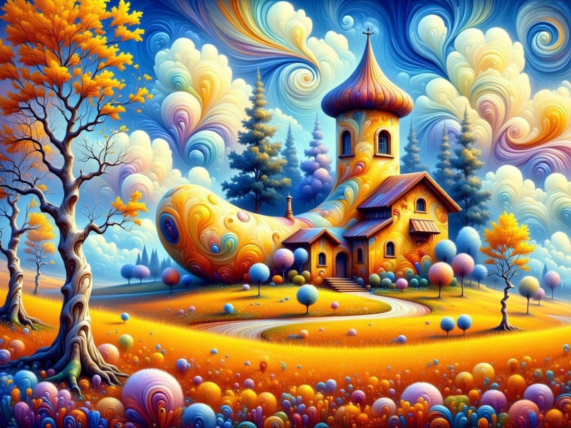Whimsical Boot-Shaped House in Colorful Landscape