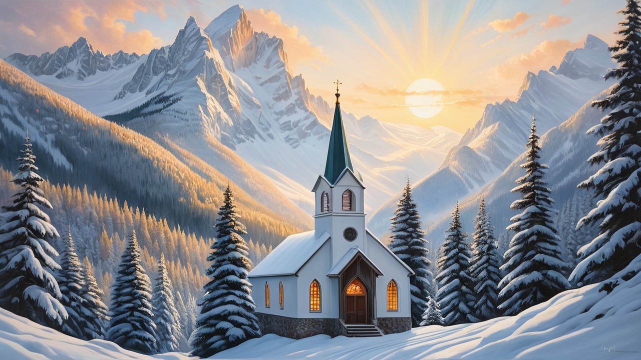 Winter Landscape with Church and Snowy Mountains