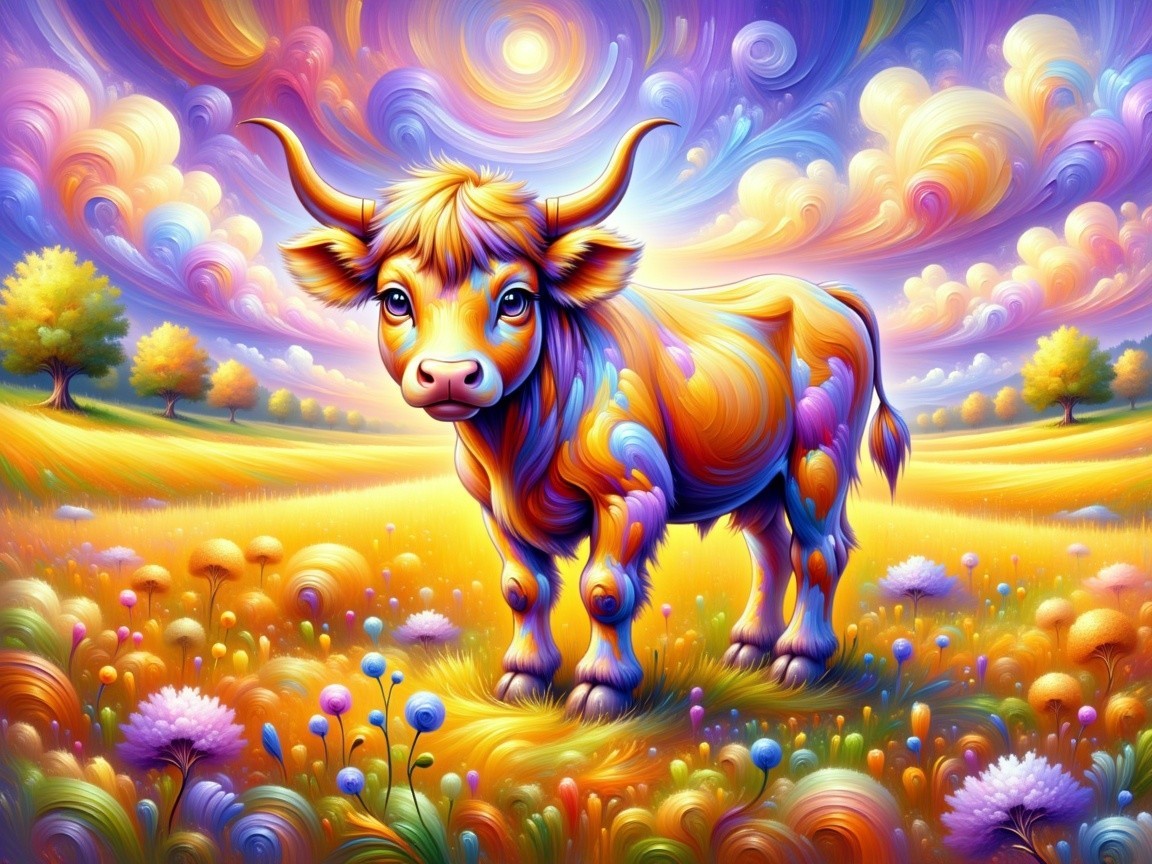 Vibrant Whimsical Landscape with Colorful Cow and Flowers