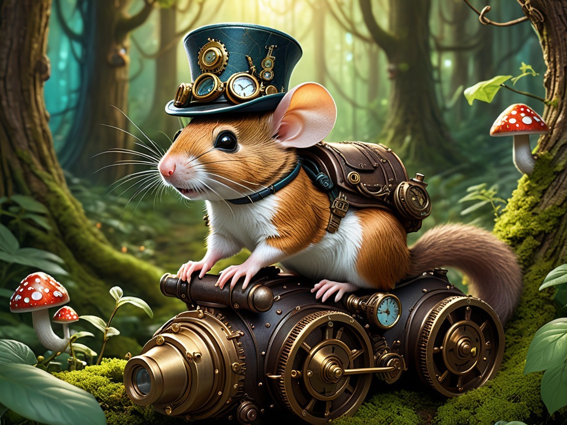 Charming Mouse in Steampunk Forest Adventure Scene