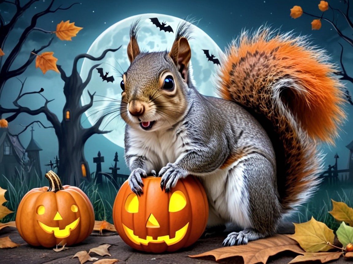 Cheerful Squirrel on Pumpkin in Halloween Scene