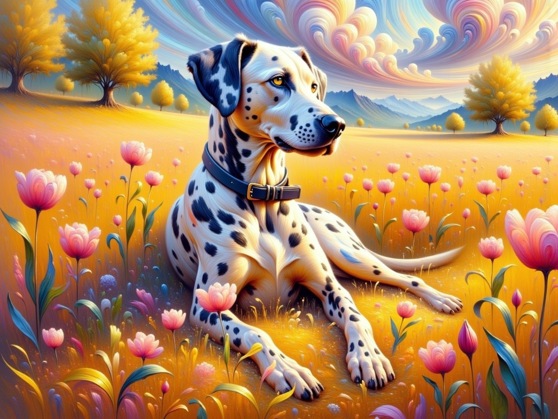 Dalmatian in a Colorful Flower-Filled Meadow