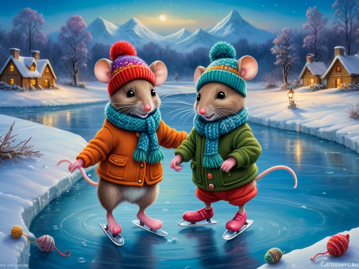 Mice Ice Skating on a Snowy Frozen River Scene