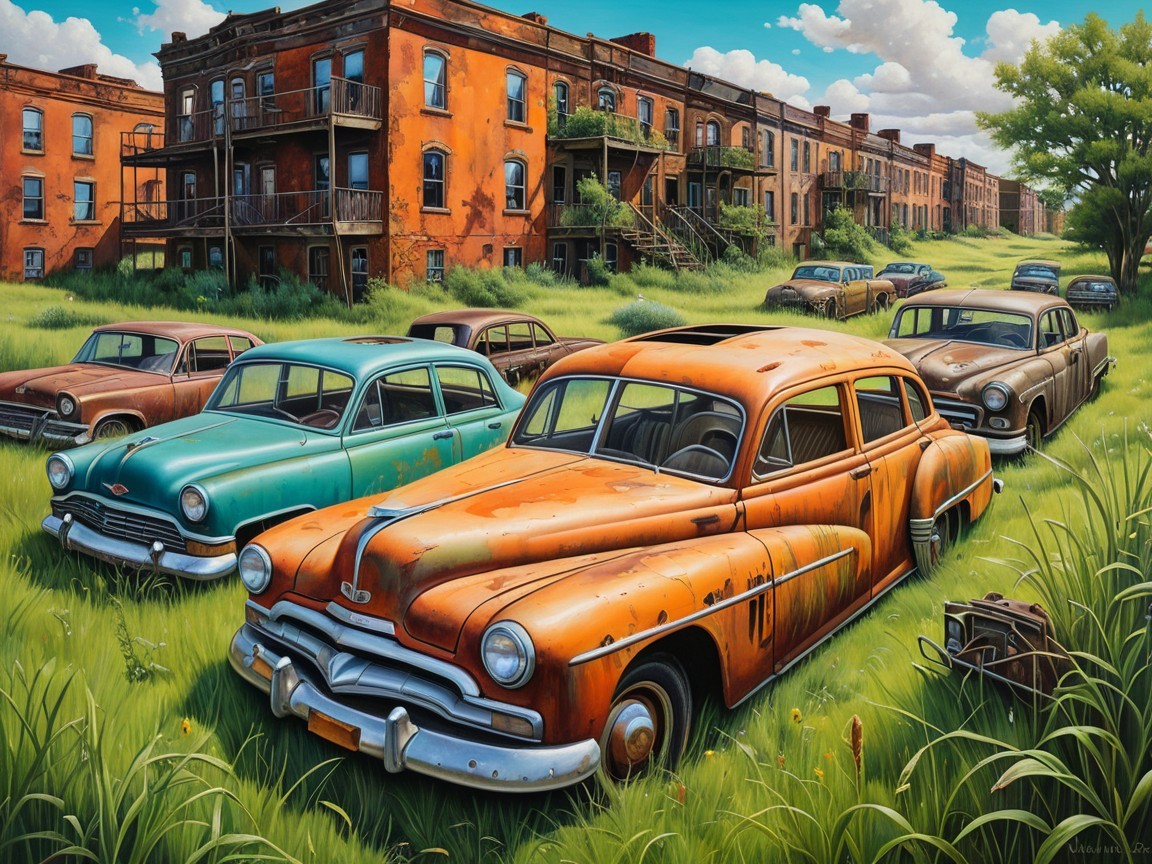Vintage Cars in Overgrown Urban Landscape with Sky