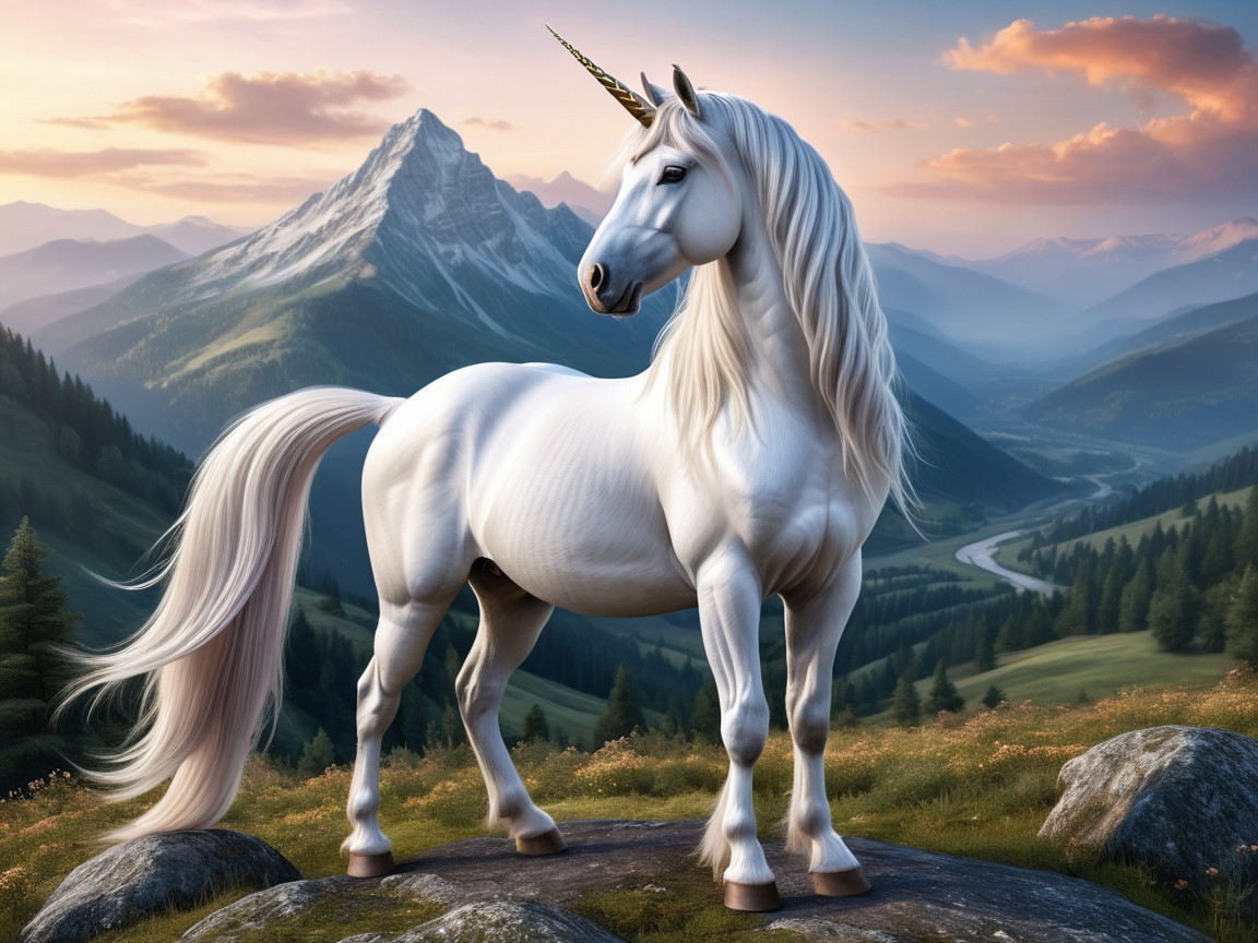 Majestic unicorn on rocky outcrop at sunset