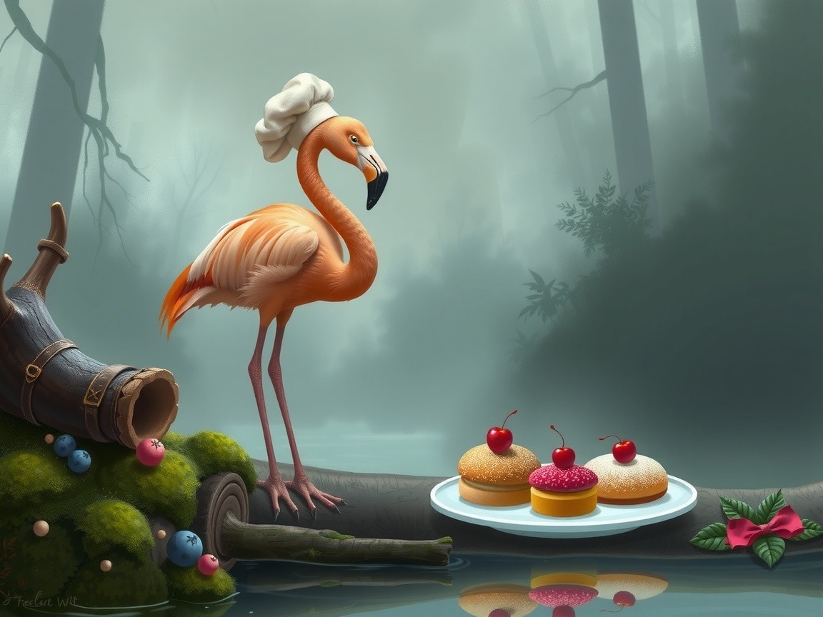 Flamingo in Chef's Hat Among Pastries in Forest Scene
