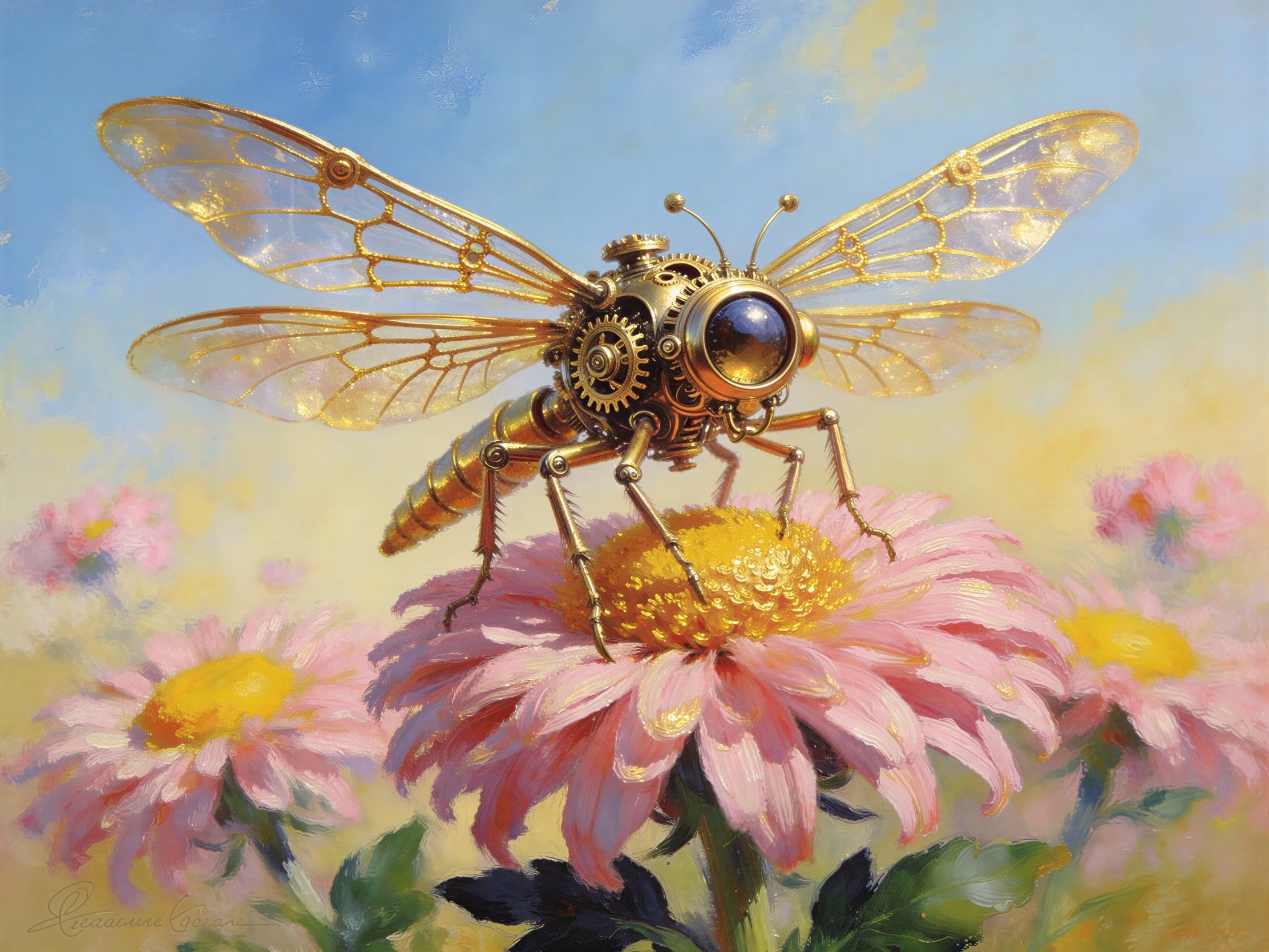 Steampunk Cicada on Pink Flower Against Blue Sky