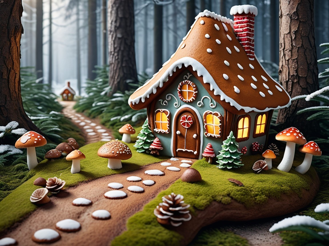 Whimsical Gingerbread House in Enchanted Forest Setting