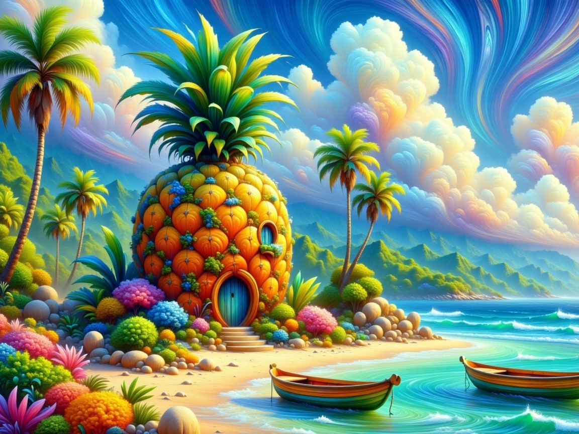 Whimsical Beach Scene with Pineapple House and Boats