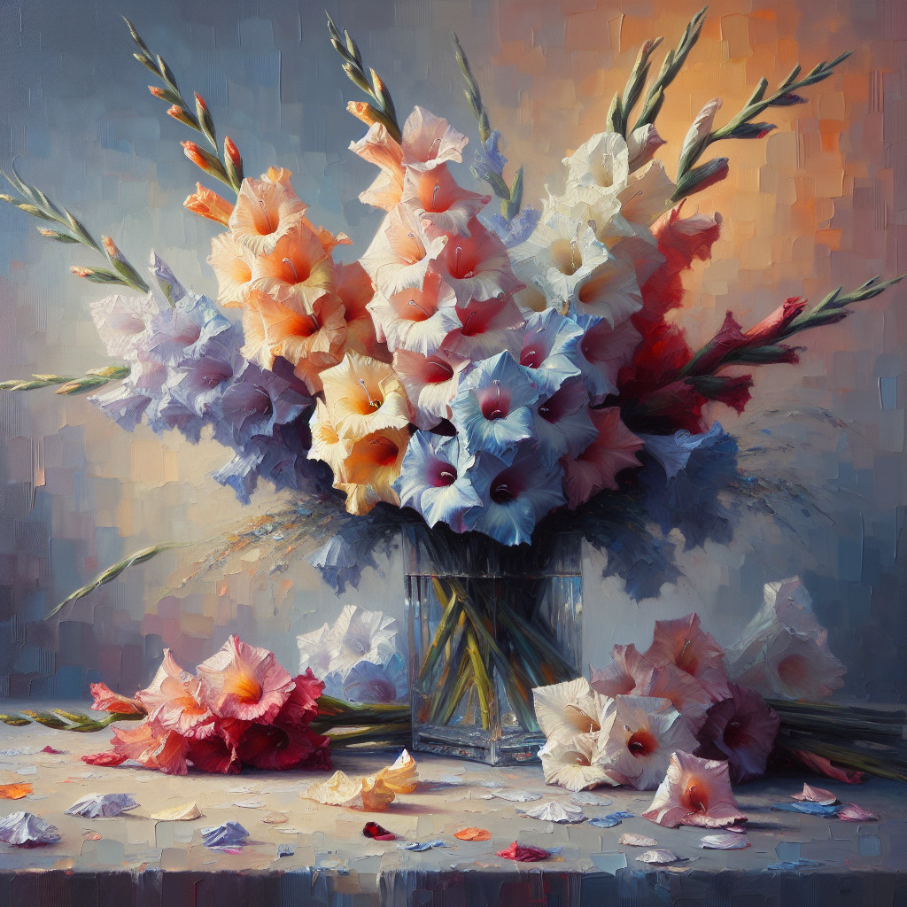 Vibrant Gladiolus Flowers in a Clear Vase