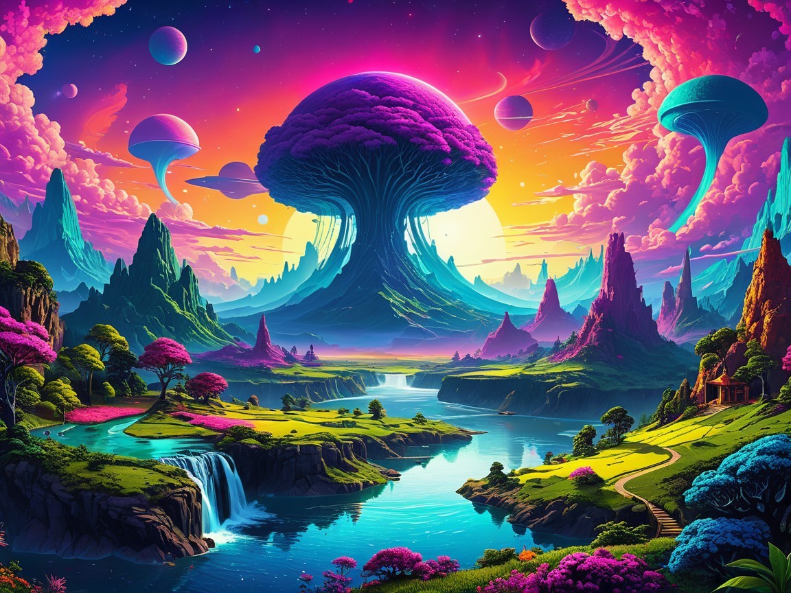 Vibrant Alien Landscape with Purple Tree and Colorful Sky
