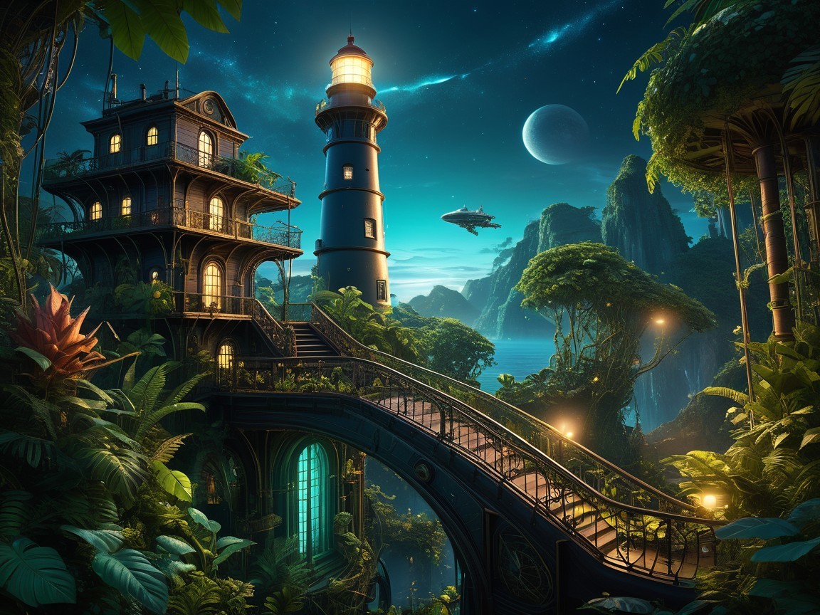 Majestic lighthouse amidst cliffs and starry sky