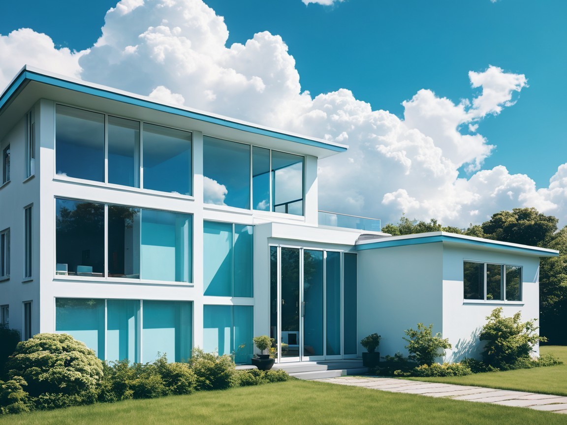 Modern Two-Story House with Glass Windows and Balcony