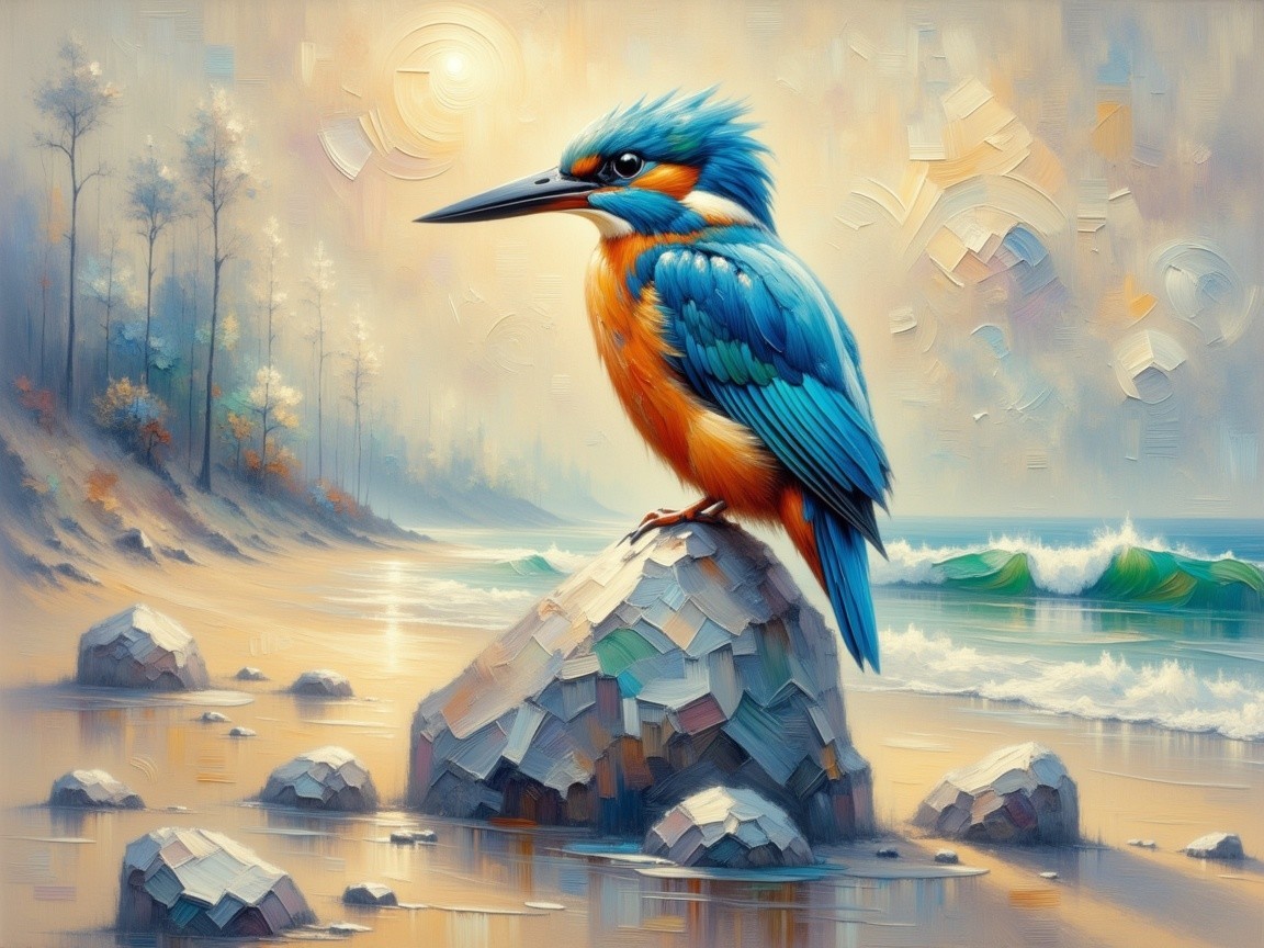 Vibrant Kingfisher on Rock by Serene Seashore
