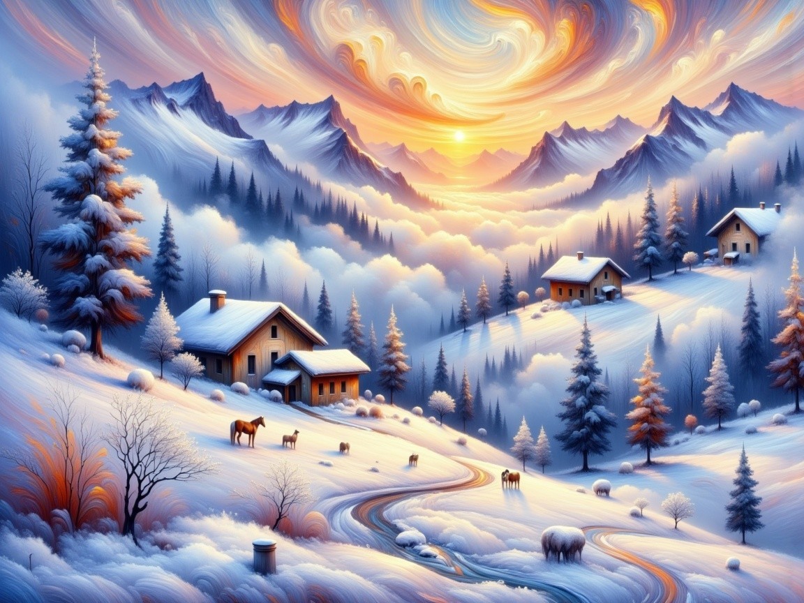 Winter Landscape with Snowy Hills and Cabins
