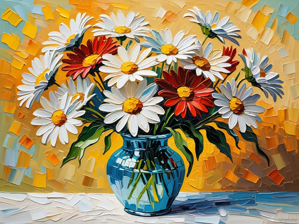 Vibrant Daisies in Blue Vase with Abstract Background