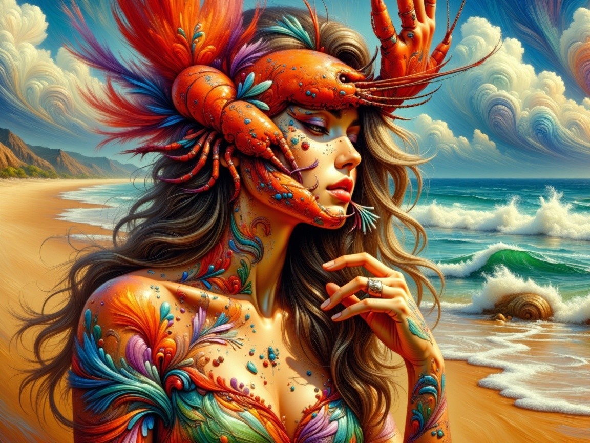 Vibrant Fantasy Scene with Marine-Inspired Body Art