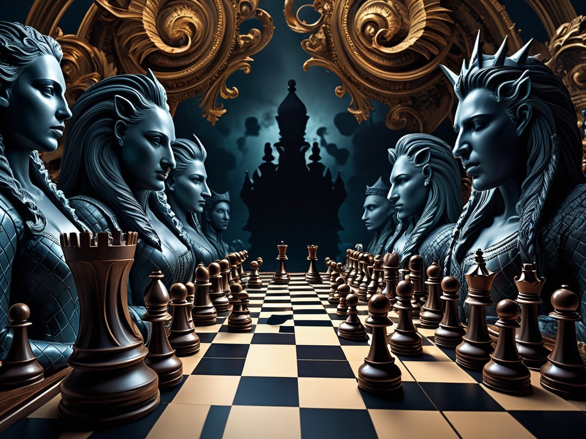 Dramatic Chessboard with Regal Statues and Tension