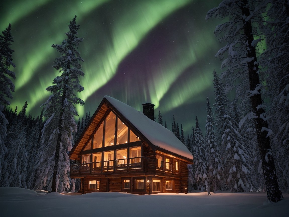 Cozy log cabin in snowy landscape with auroras