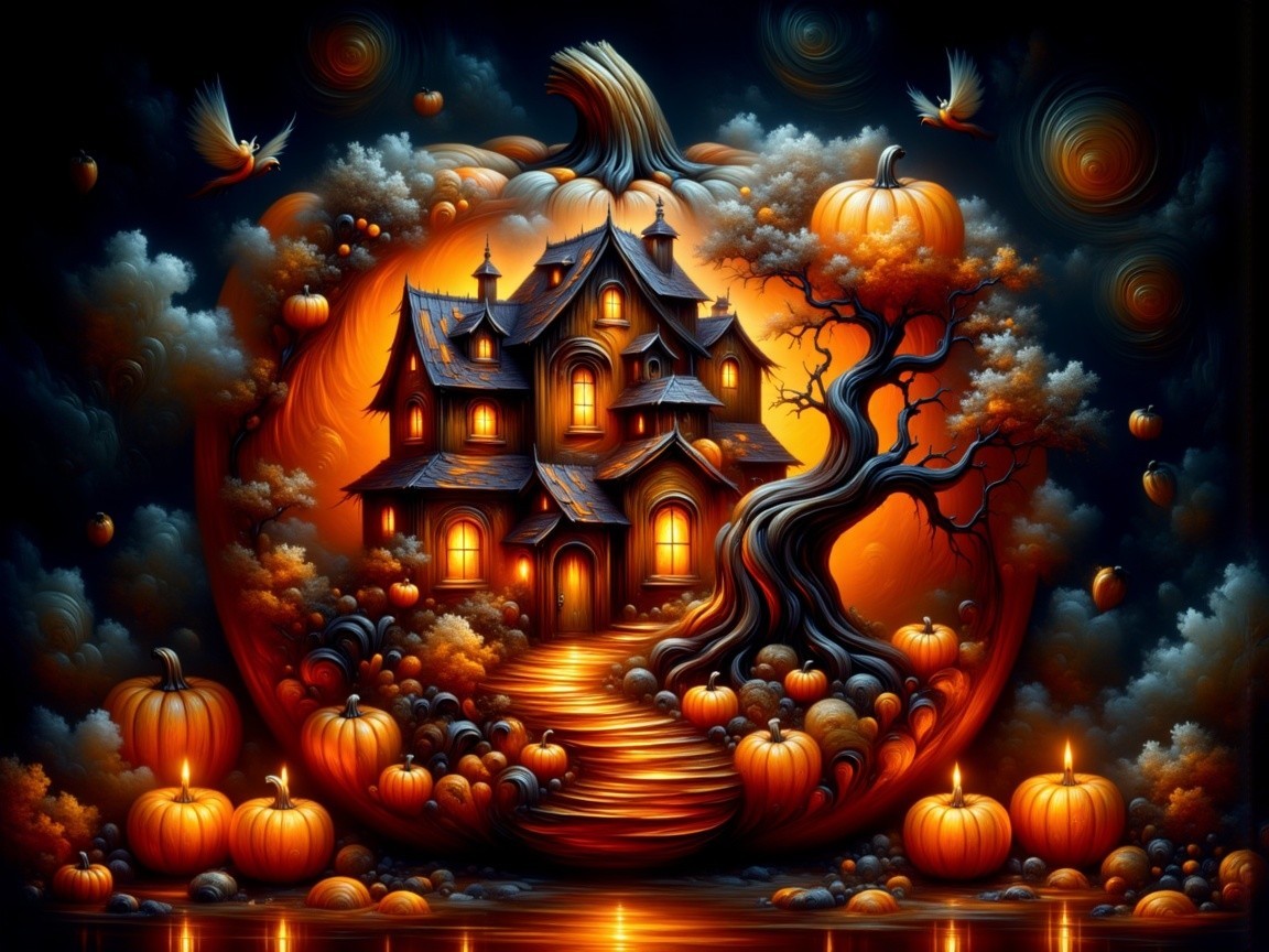 Whimsical Halloween Scene with Pumpkin Mansion