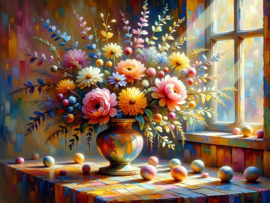 Vibrant Still Life of Colorful Flowers in Vase