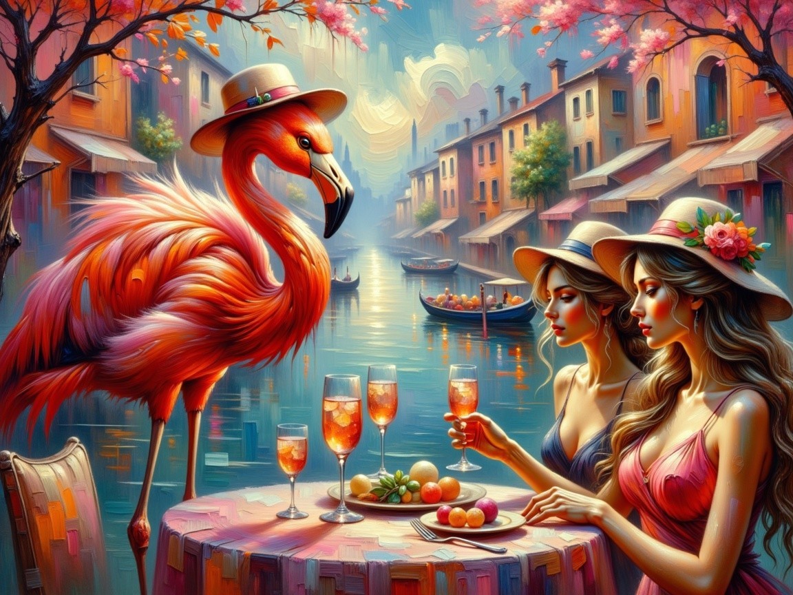 Surreal Scene of Women by Canal with Flamingo and Blossoms