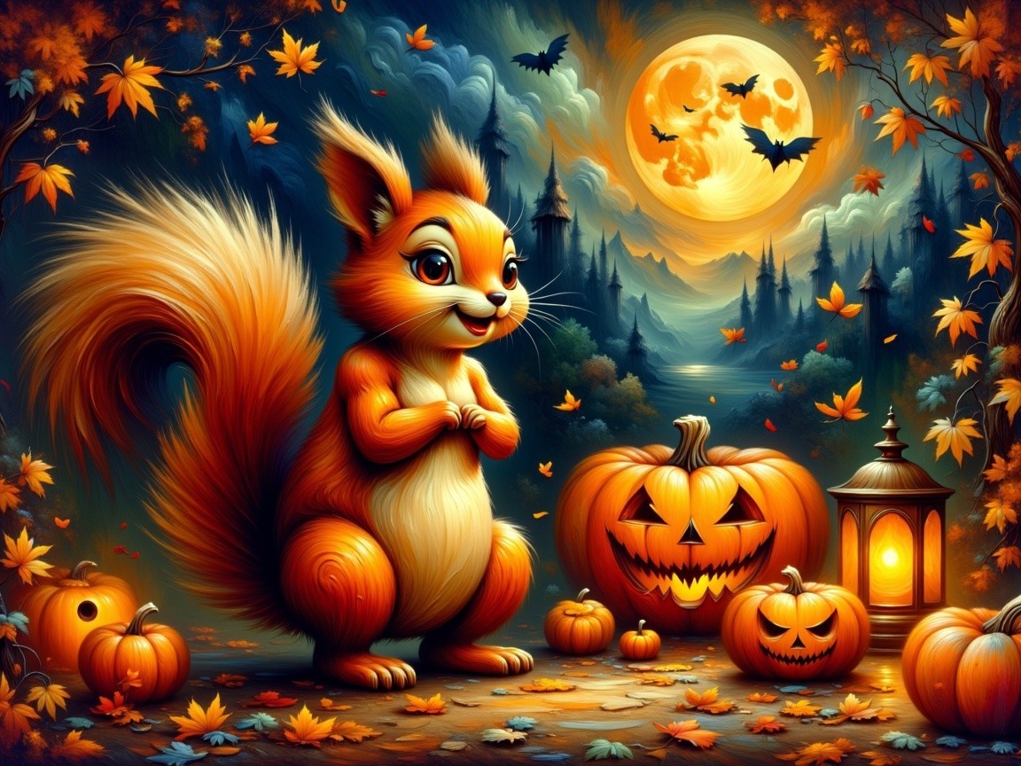 Cartoon Squirrel in Vibrant Autumn Halloween Scene