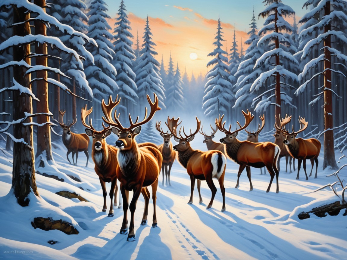 Deer in a Snowy Forest at Sunset with Evergreen Trees