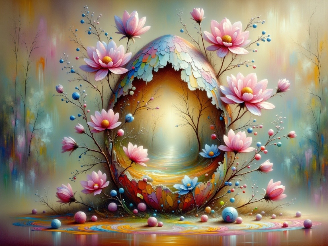 Whimsical Egg Surrounded by Flowers and Colorful Spheres