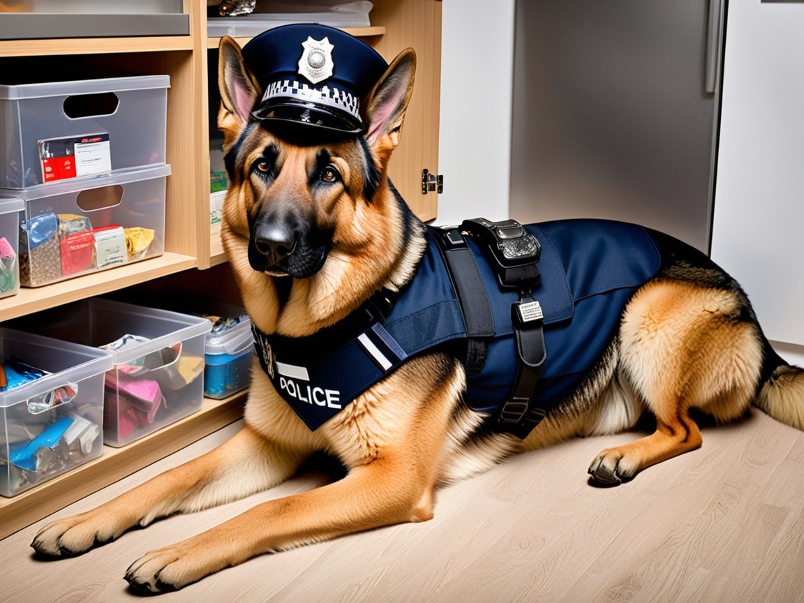 German Shepherd in Police Uniform Relaxing Indoors