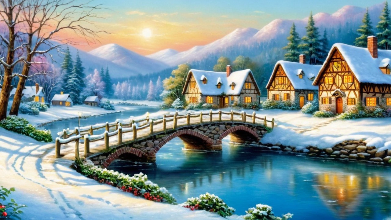 Tranquil Winter Landscape with Cottages and Sunrise
