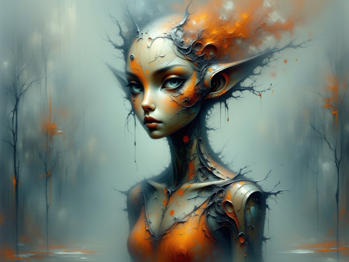 Surreal Ethereal Figure with Metallic Skin and Patterns