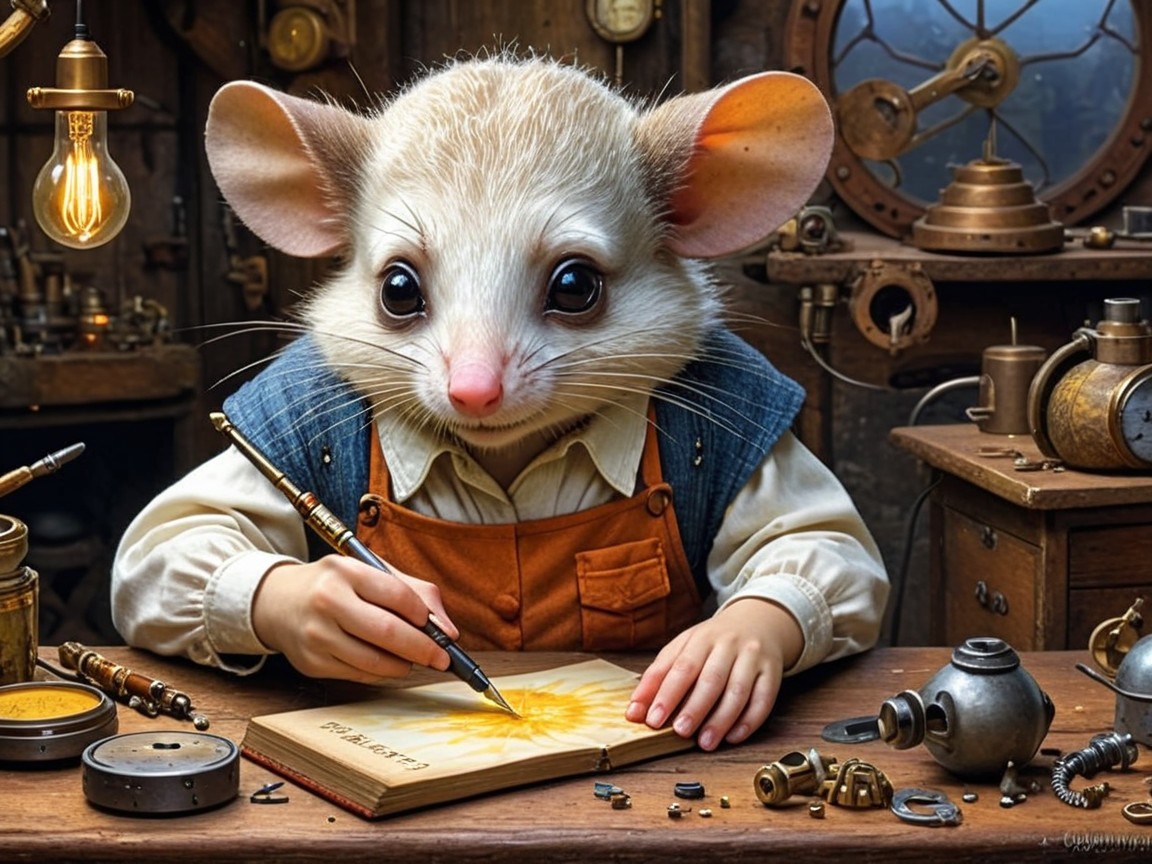 Anthropomorphic mouse in a steampunk workshop setting