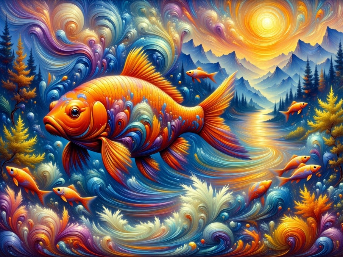 Vibrant Underwater Scene with Goldfish and Sunrise