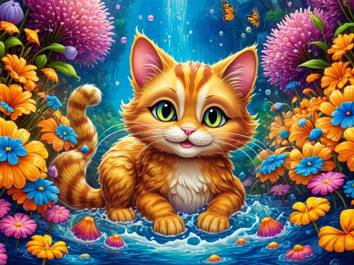 Cheerful Orange Tabby Cat in Vibrant Garden Pool